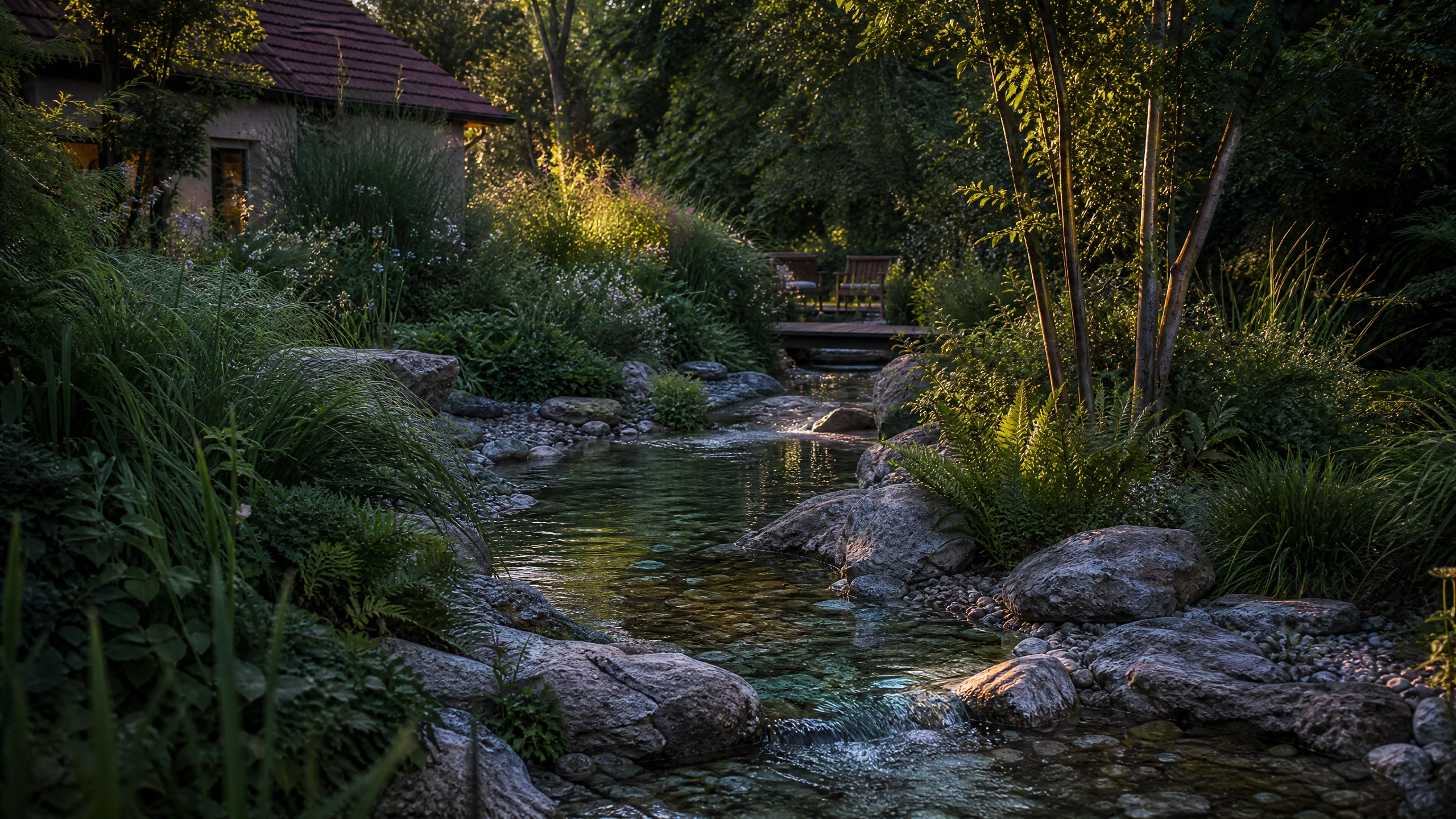 Visualisierung: Naturnaher Bachlauf zwischen Gräsern und Naturstein