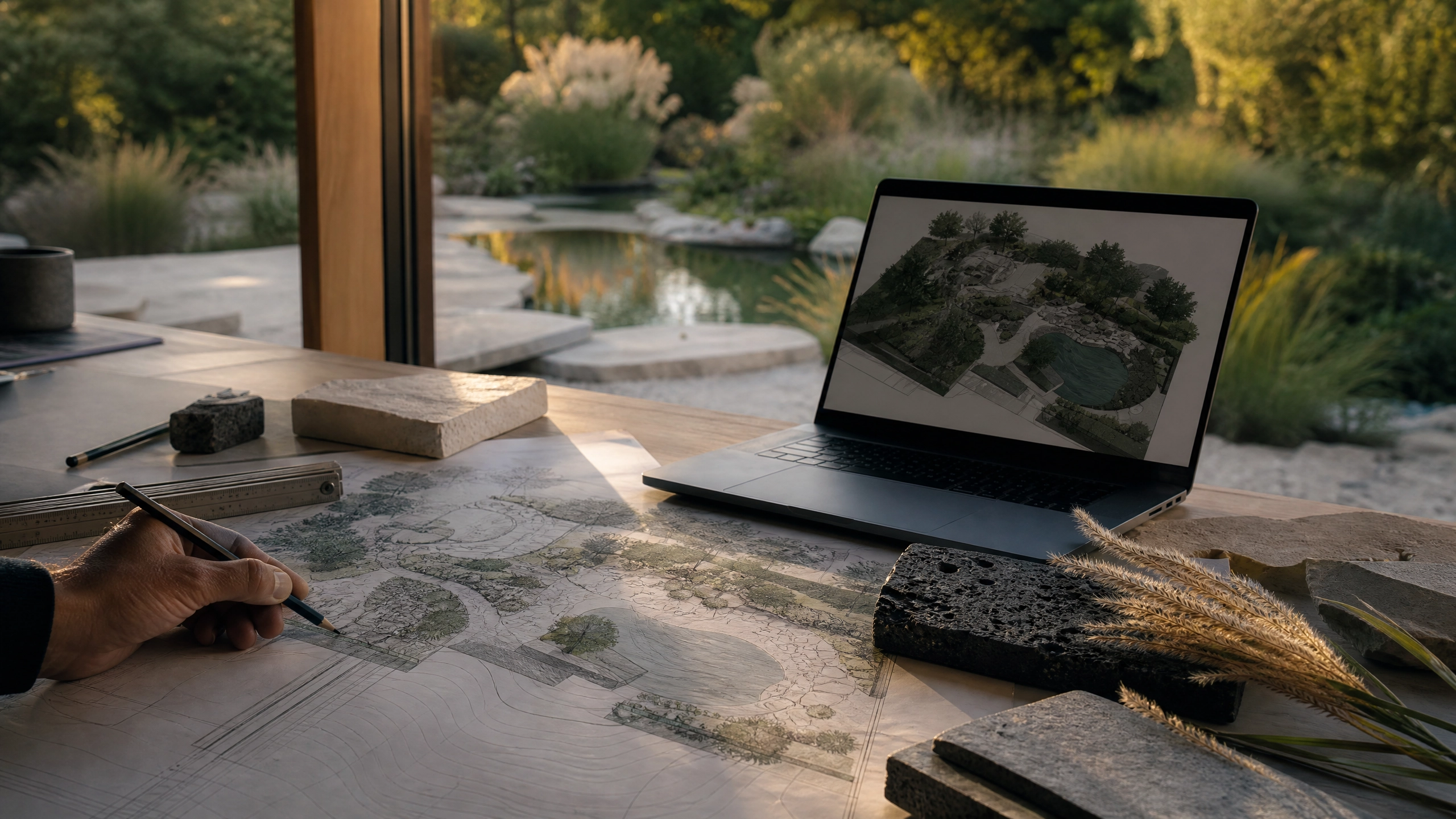 Visualisierung: Gartenplanung mit CAD-Entwurf, Natursteinmuster und Materialauswahl